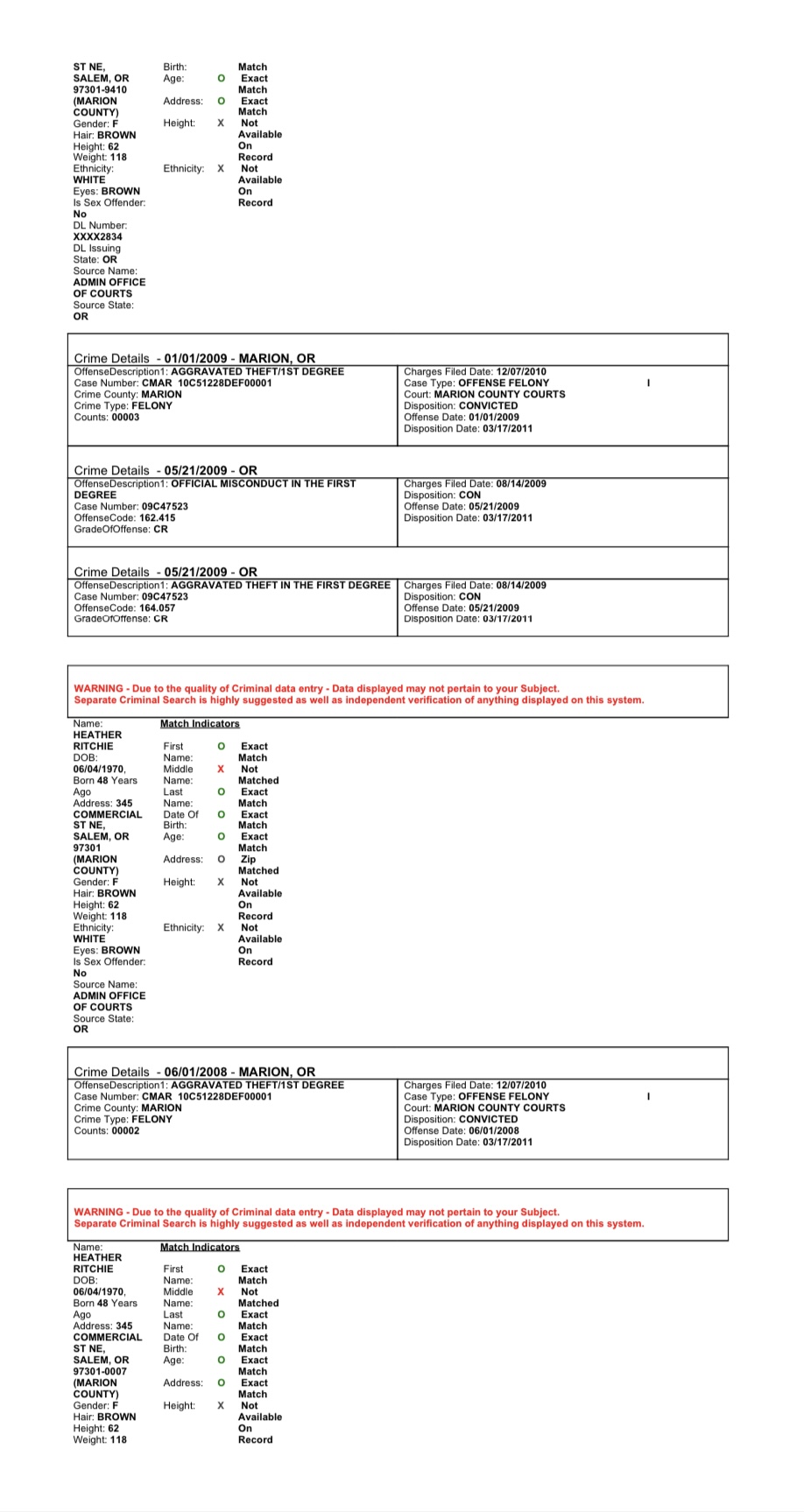 Criminal history evidence